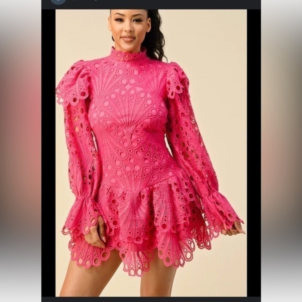 The Sang Parisian Vibe pink  Lace Layered Long Sleeve Mini Dress Size Medium